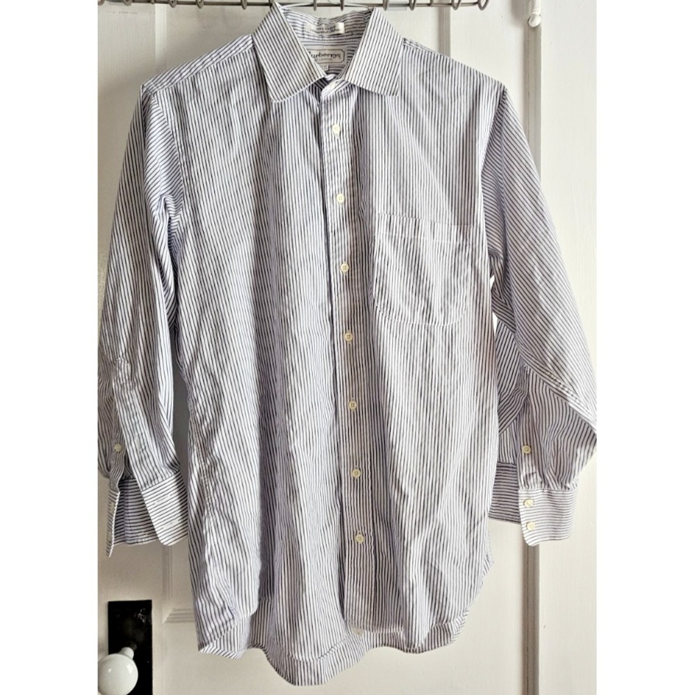 Vintage Burberry London 90S dress shirt USA made blue white striped Men 15.5/33